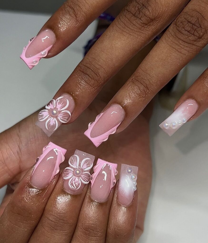 pink and white junk nails