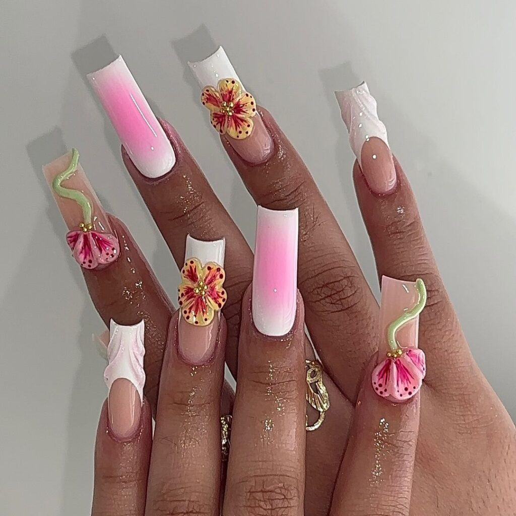 pink aura design on white junk nails