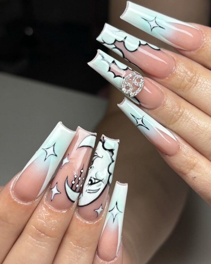 sky themed white junk nails