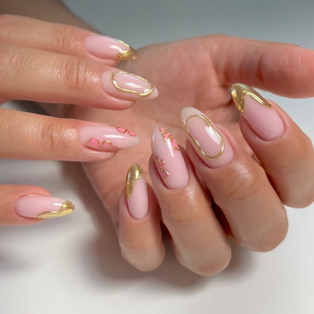 summer to fall transition almond nails with gold jewelry