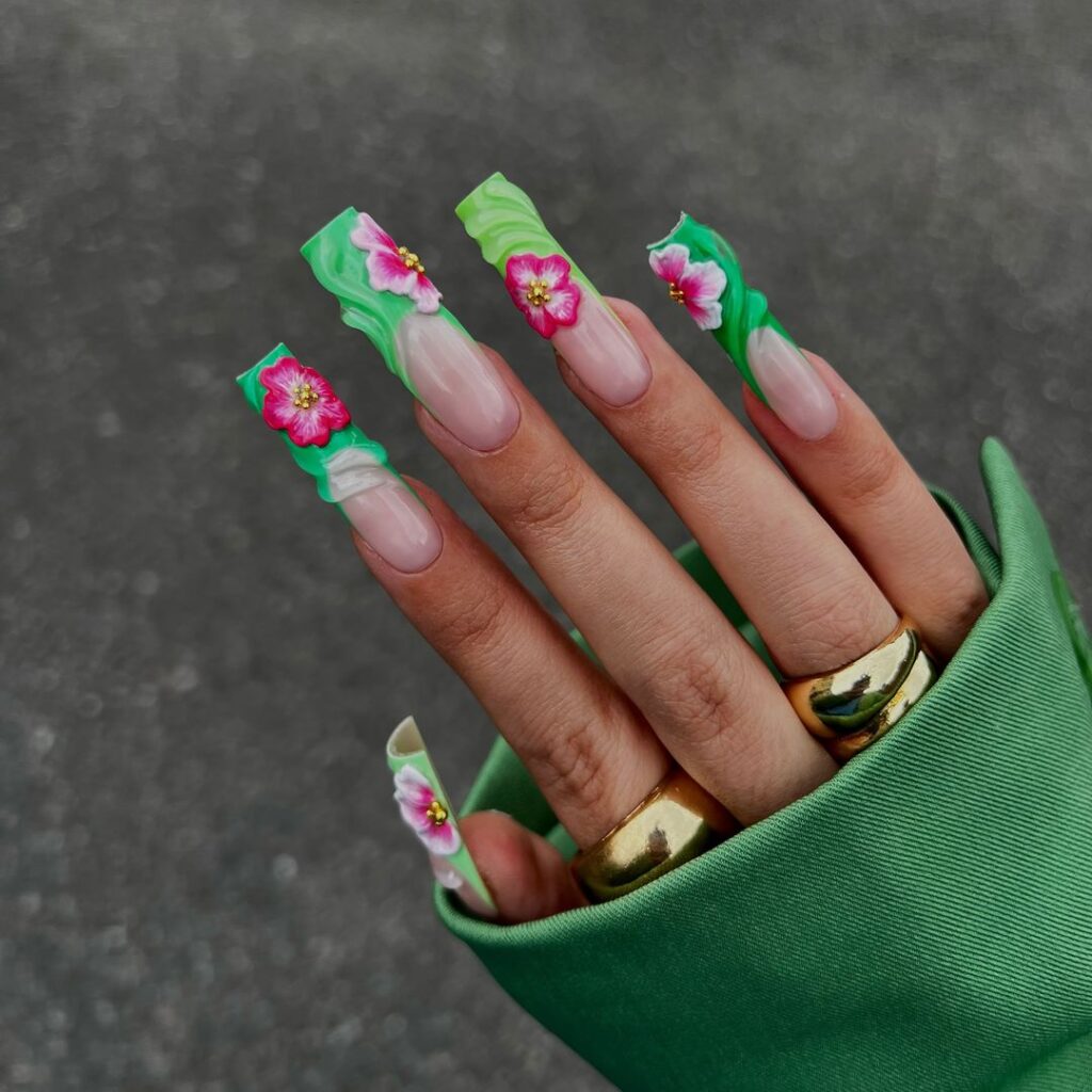 xl floral green nails