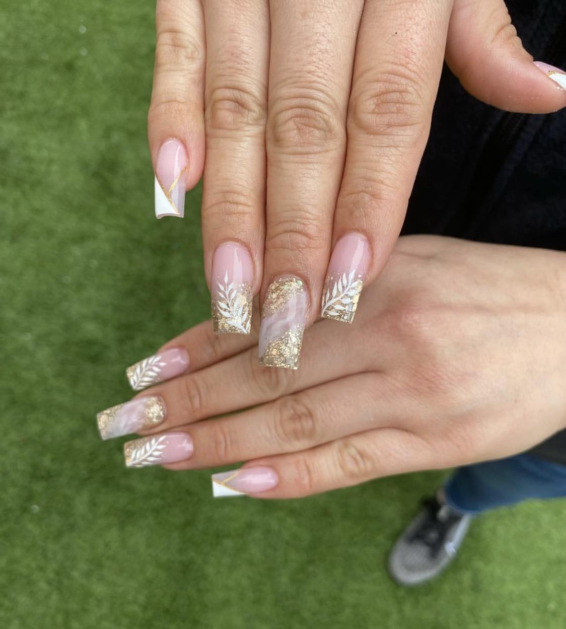 White And Gold Nails With Leaves