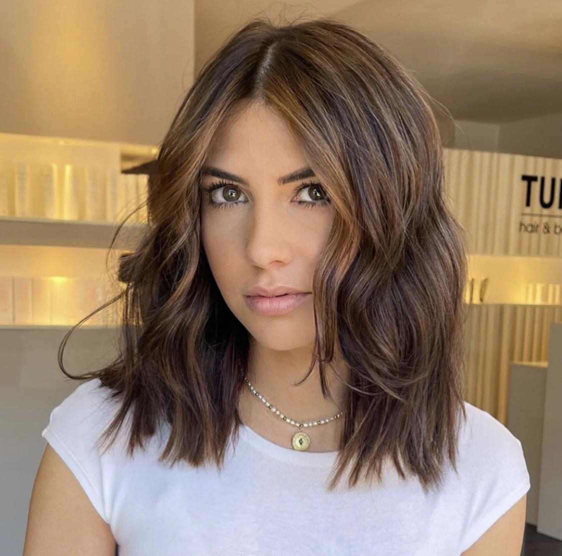 Lob Hairstyle With Caramel Highlights