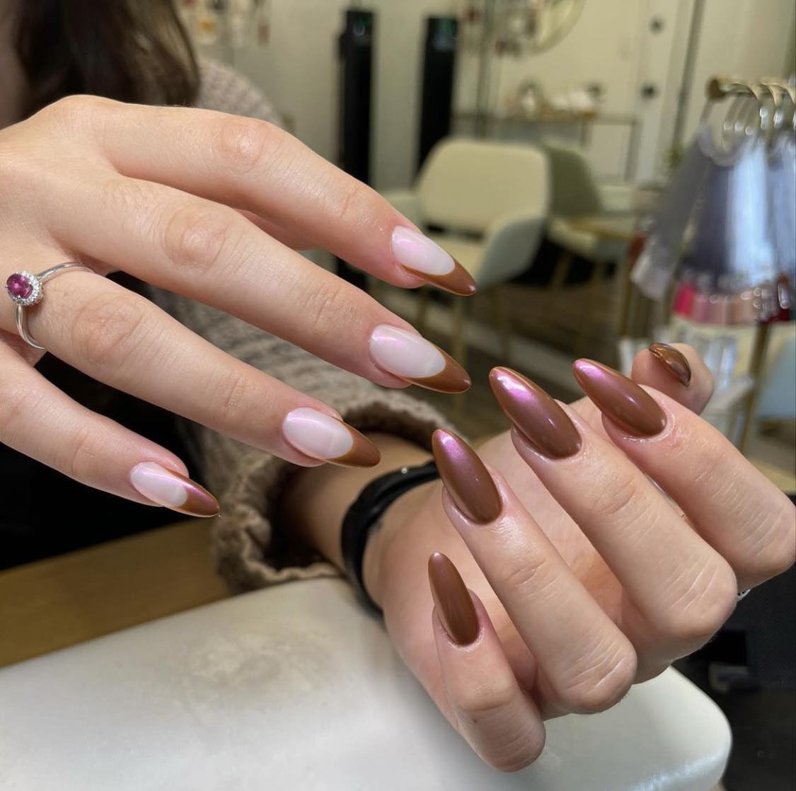 Long Almond Brown Chrome French Tip Nails