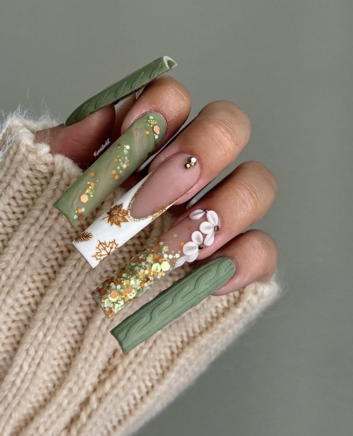 Square Green And White Fall Nails