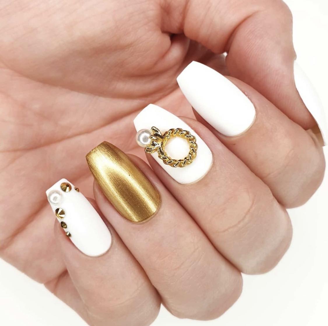 White And Gold Nails With Ring