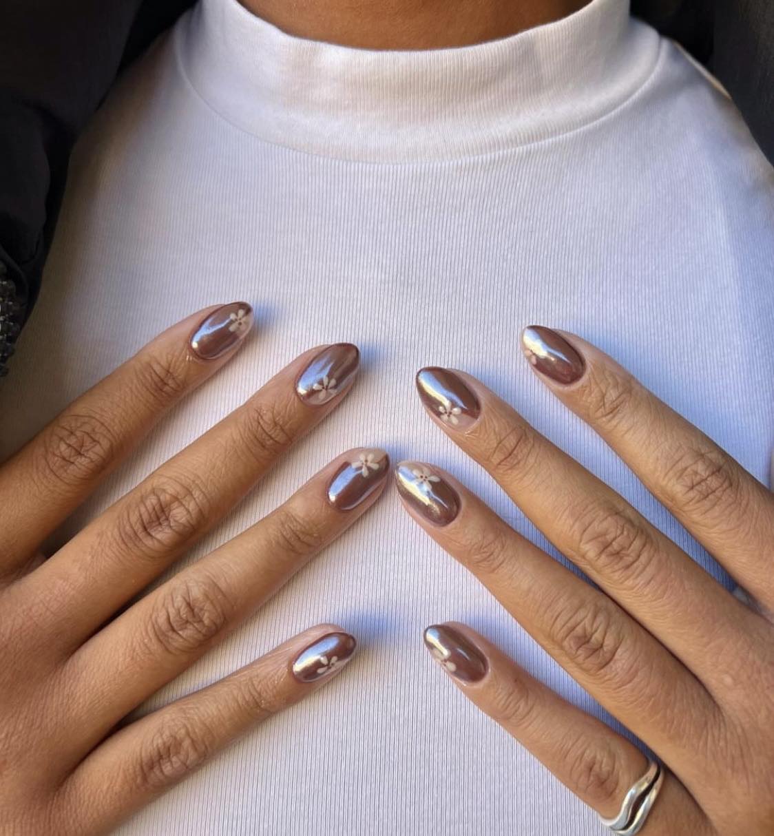 Floral Brown Chrome Nails