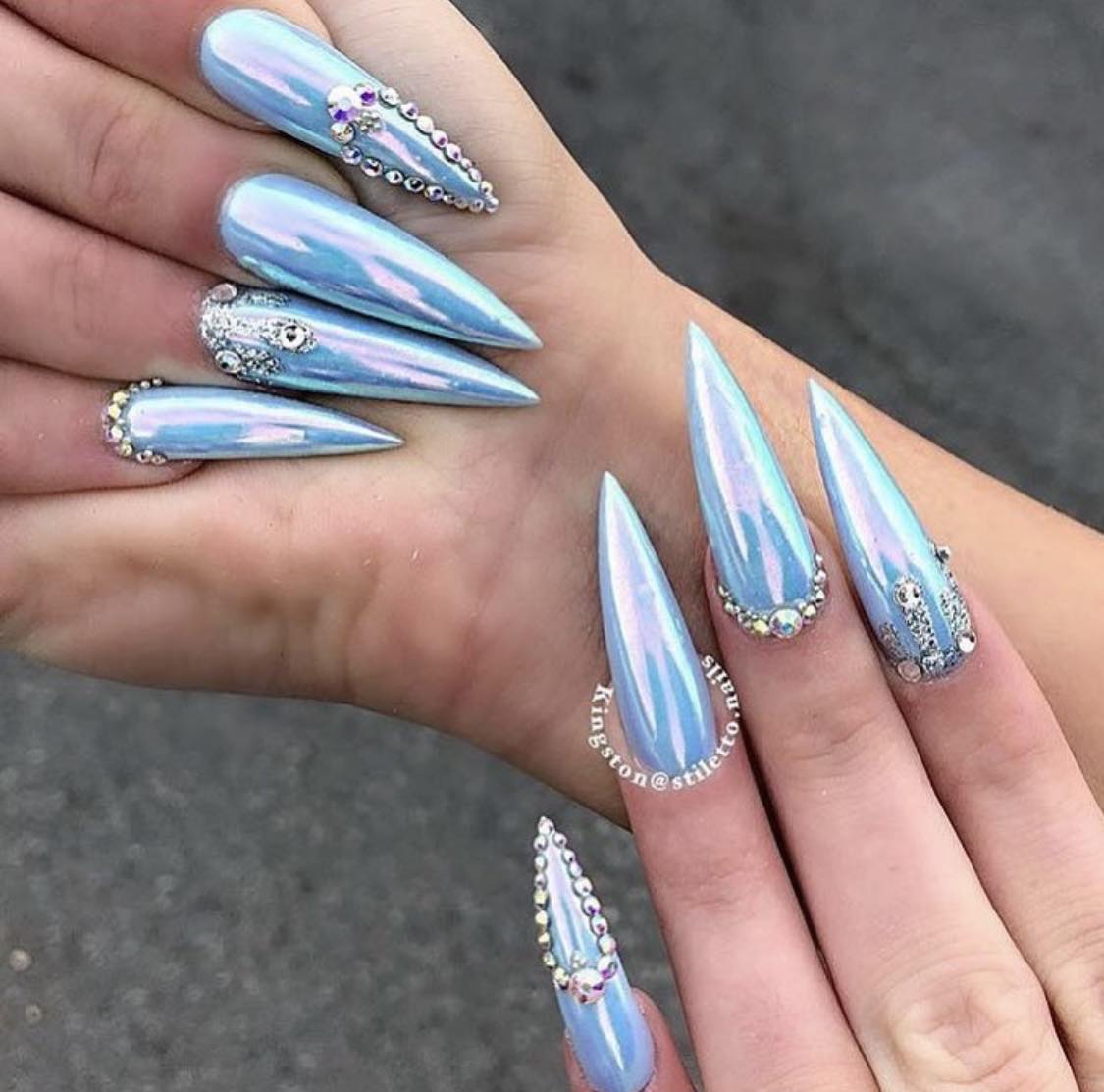 Stiletto Light Blue Nails With Rhinestones