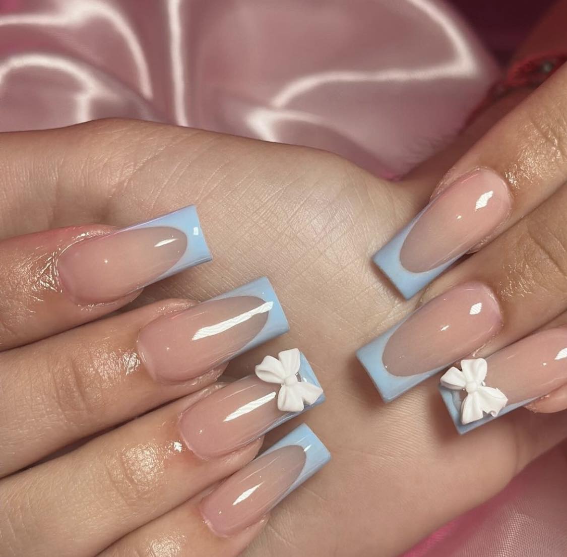 Light Blue French Nails With Bow