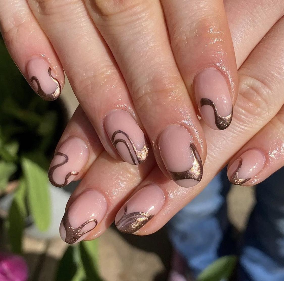 Nude And Brown Chrome Nails