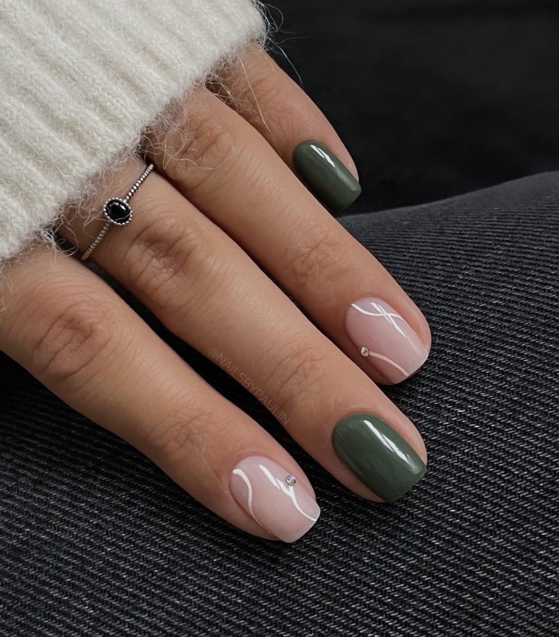 Simple Nude And Green Gel Nails Design