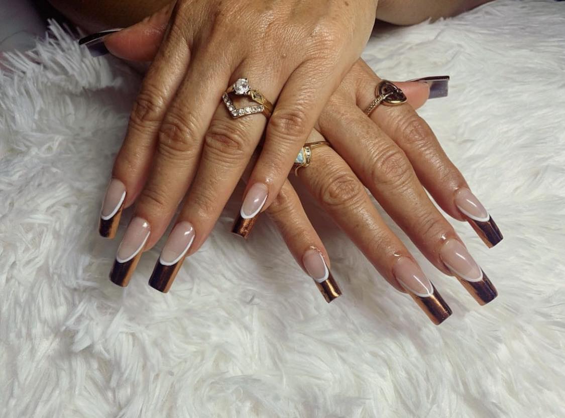 Square Brown Chrome French Tip Nails