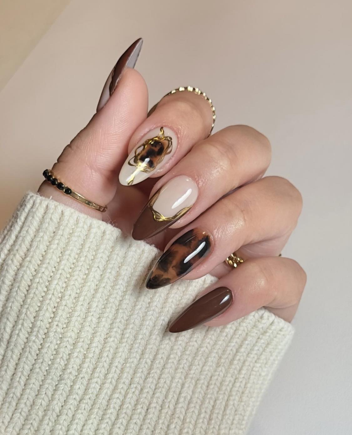 Almond Tortoise Nails With Gold Details