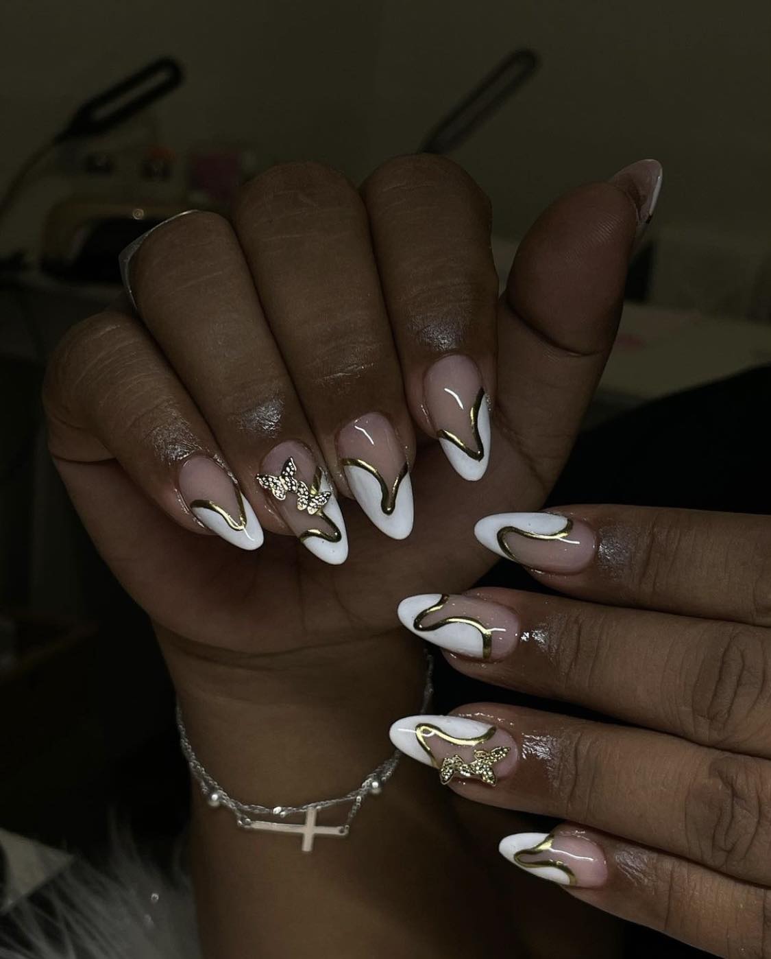 White And Gold Nails With Butterflies