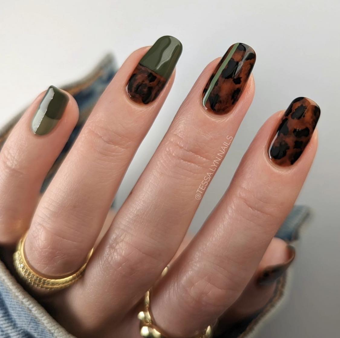 Dark Green Squoval Tortoise Nails