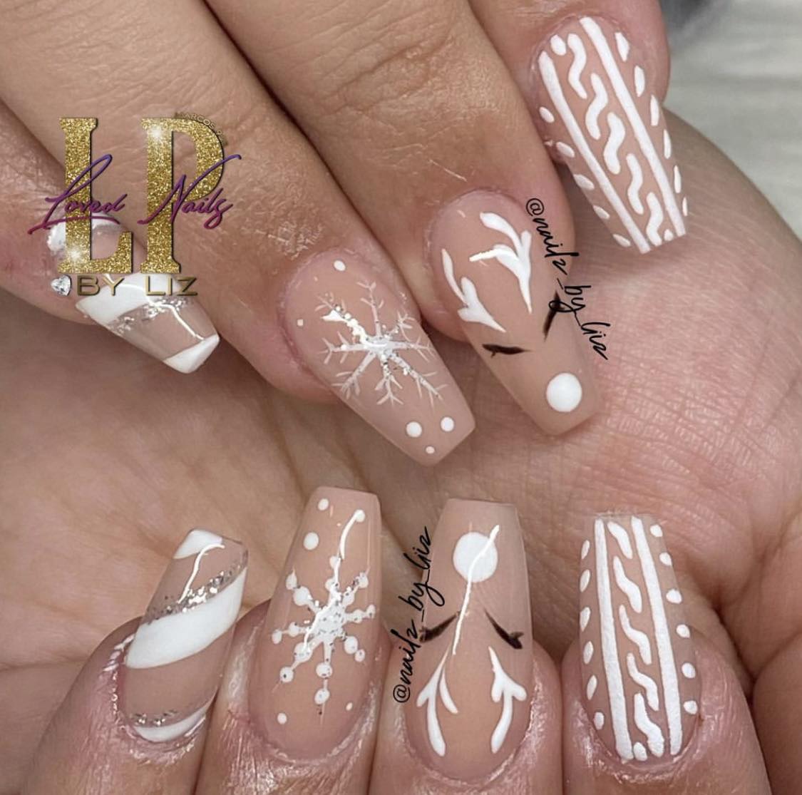 Nude And White Christmas Nails