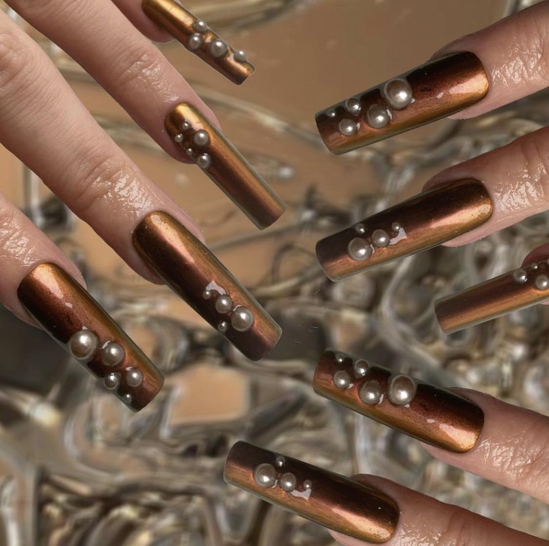 Brown Chrome Nails With Pearls