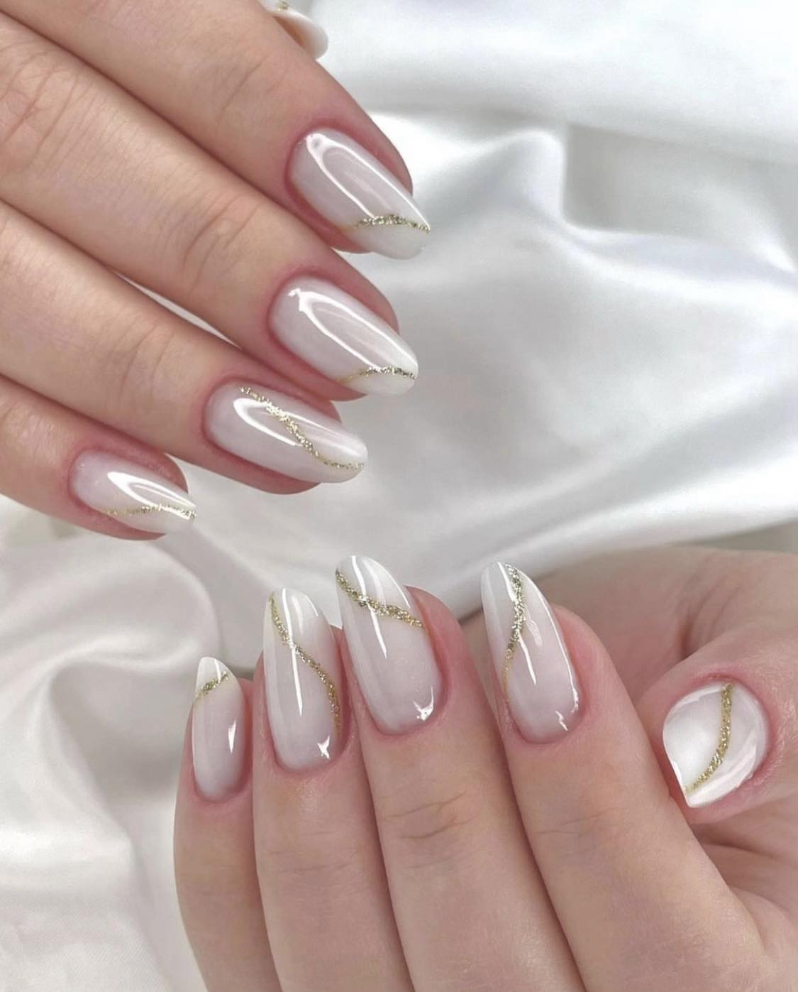 Milky White And Gold Nails