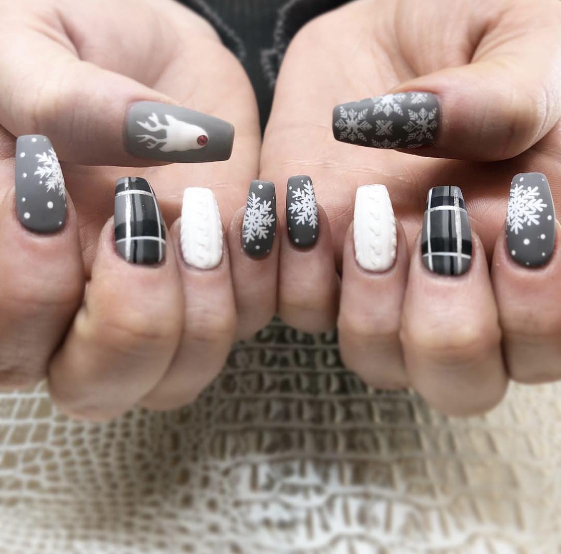 Matte Gray And White Christmas Nails