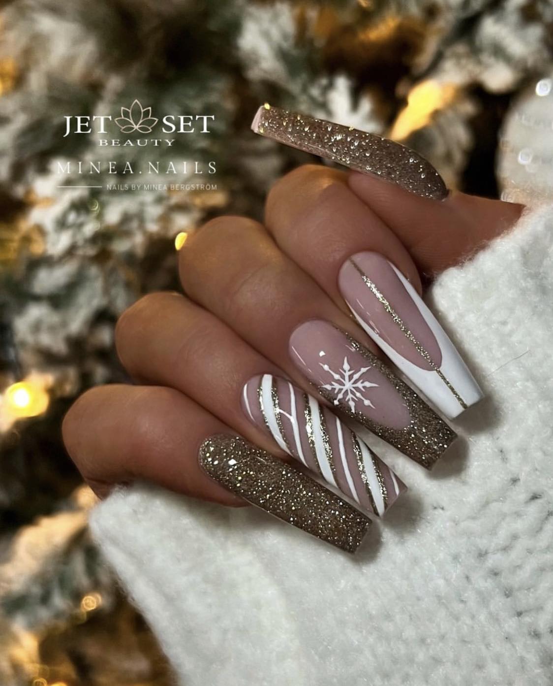 Long Ballerina White And Gold Glitter Nails