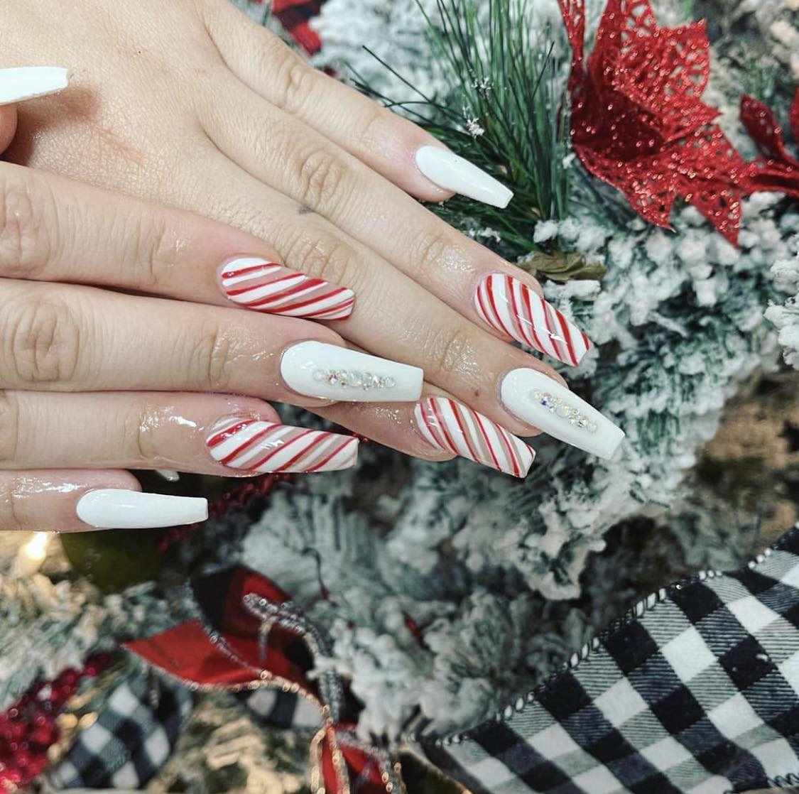 Red And White Christmas Nails With Rhinestones