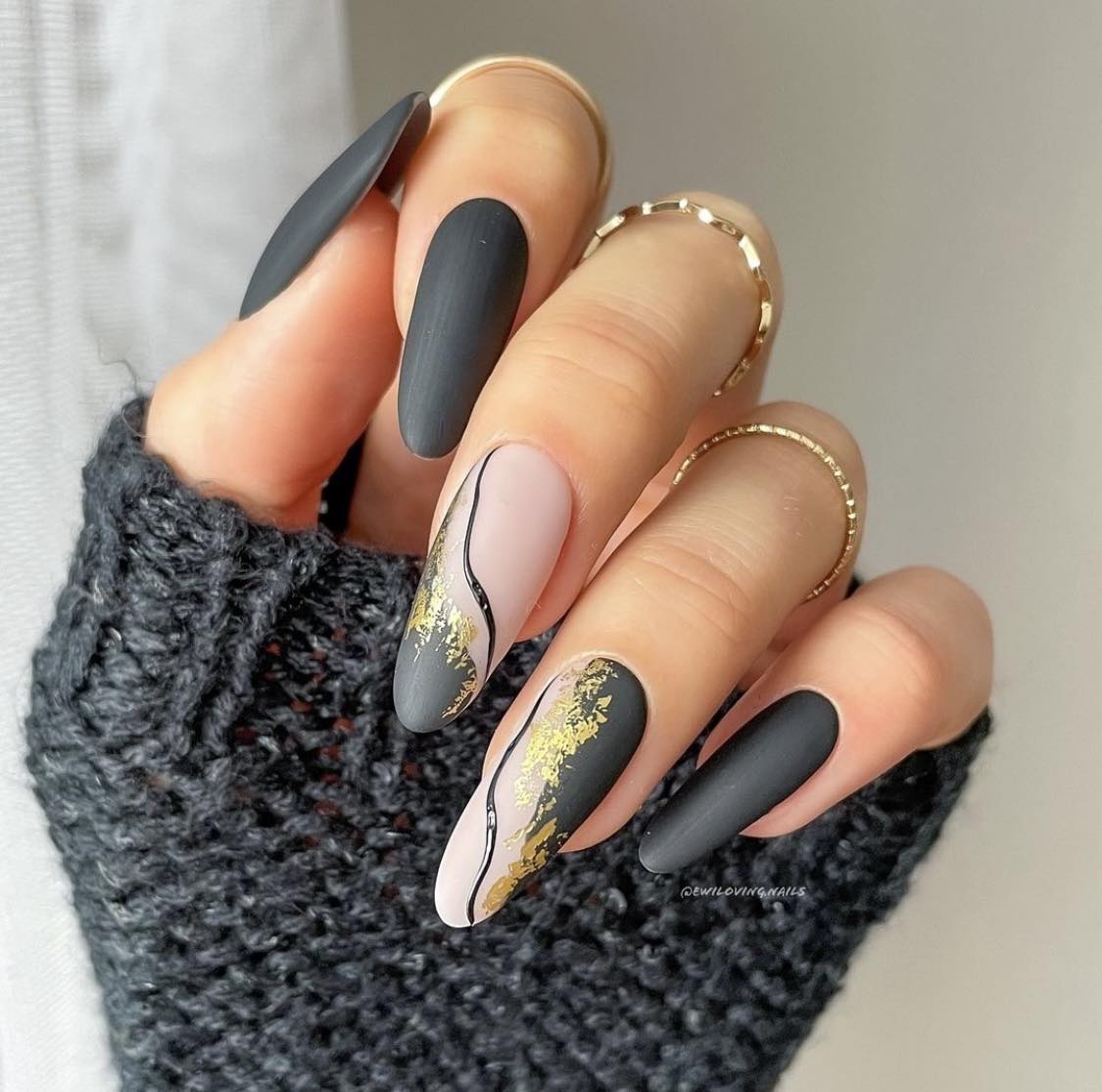 Matte Black And Gold Nails