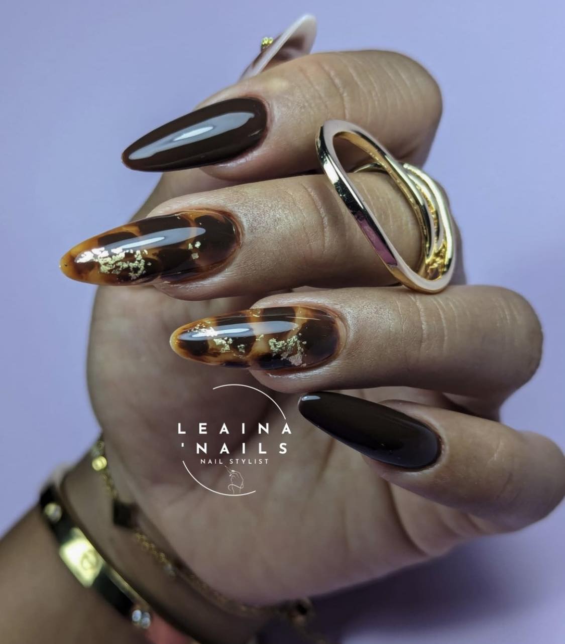 Brown Long Almond Tortoise Nails