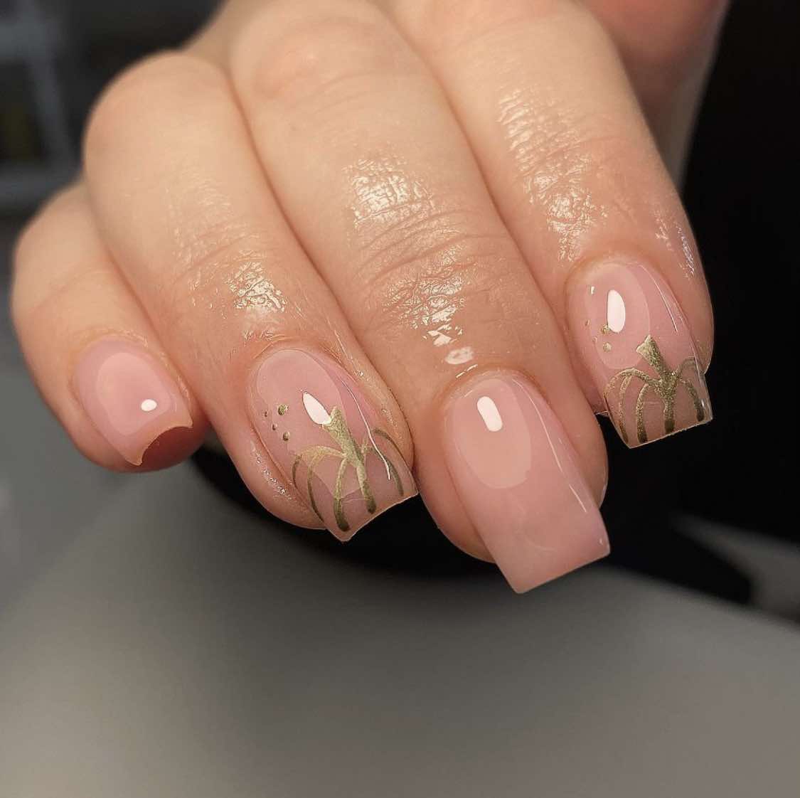 Nude Fall Nails With Golden Pumpkin