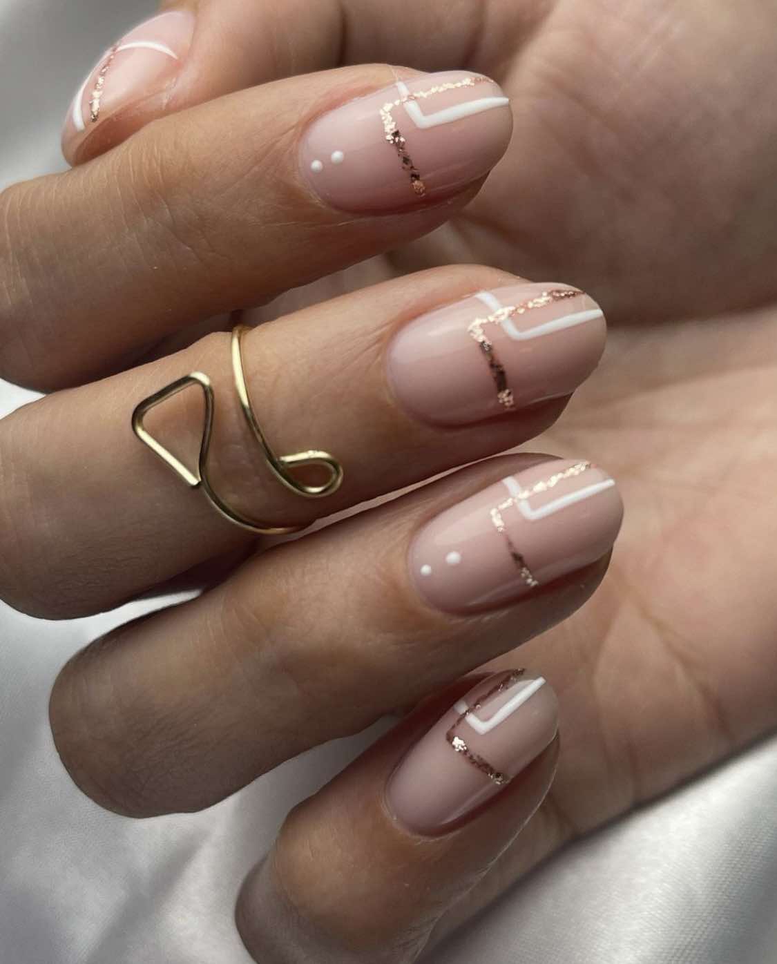 White And Rose Gold Pattern With Nude Fall Nails