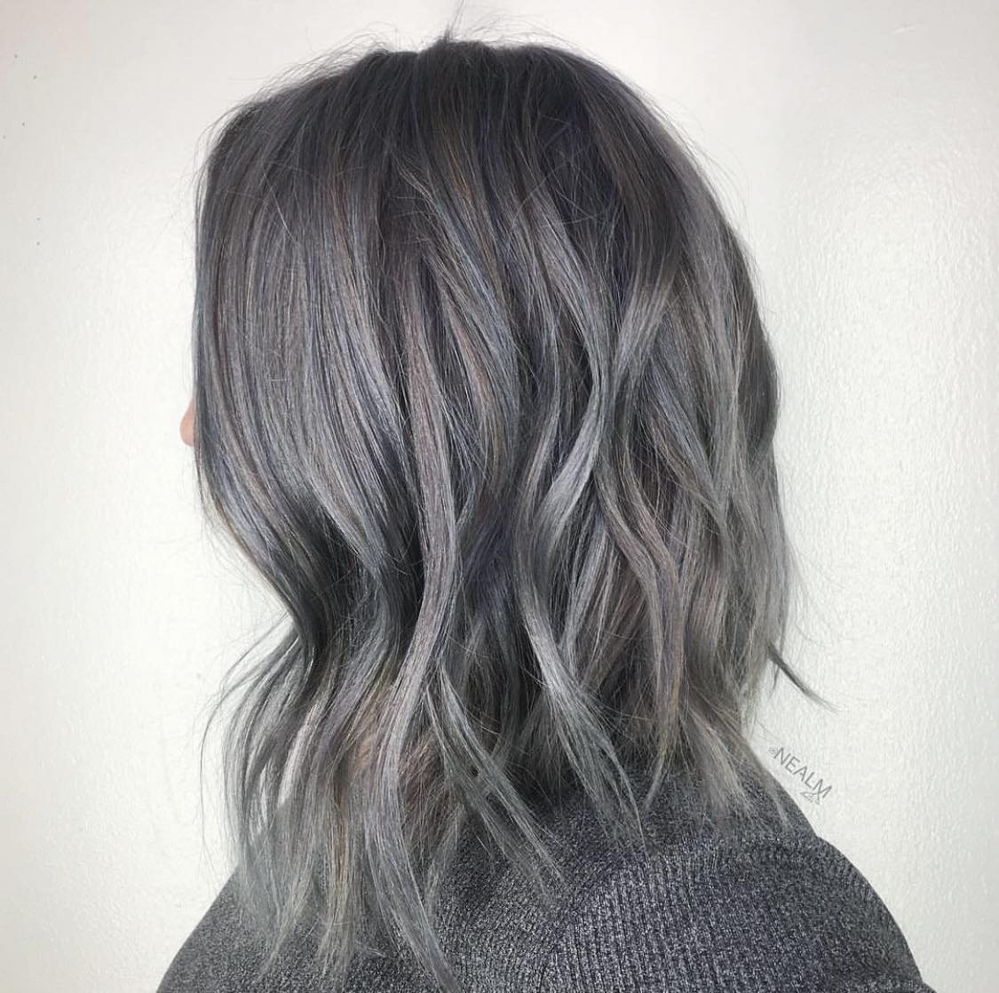 Silver Loose Curled Lob Hairstyle