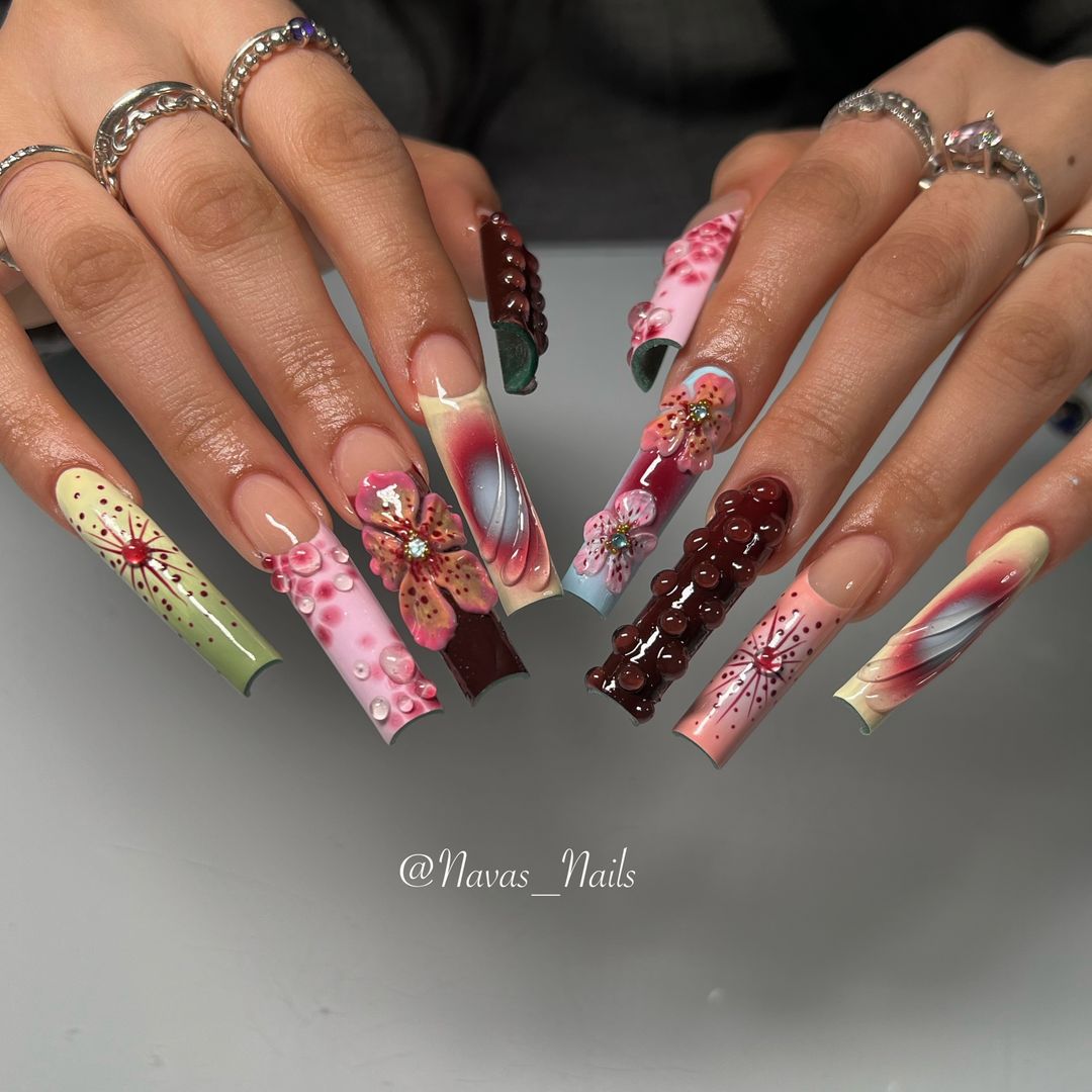 abstract floral long nail design