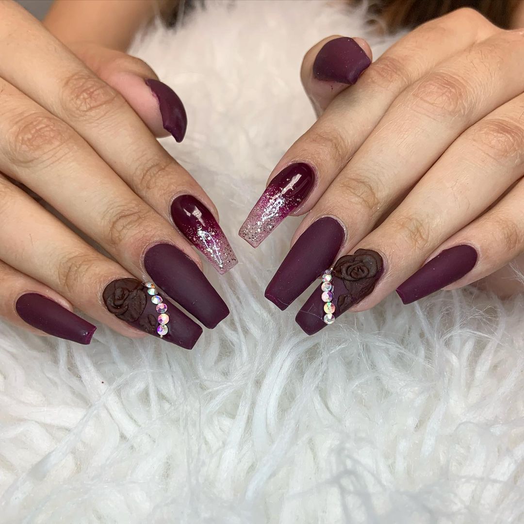 bloom with roses matte burgundy nails