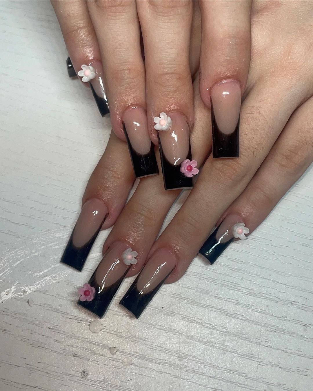 blooming black french tip nails