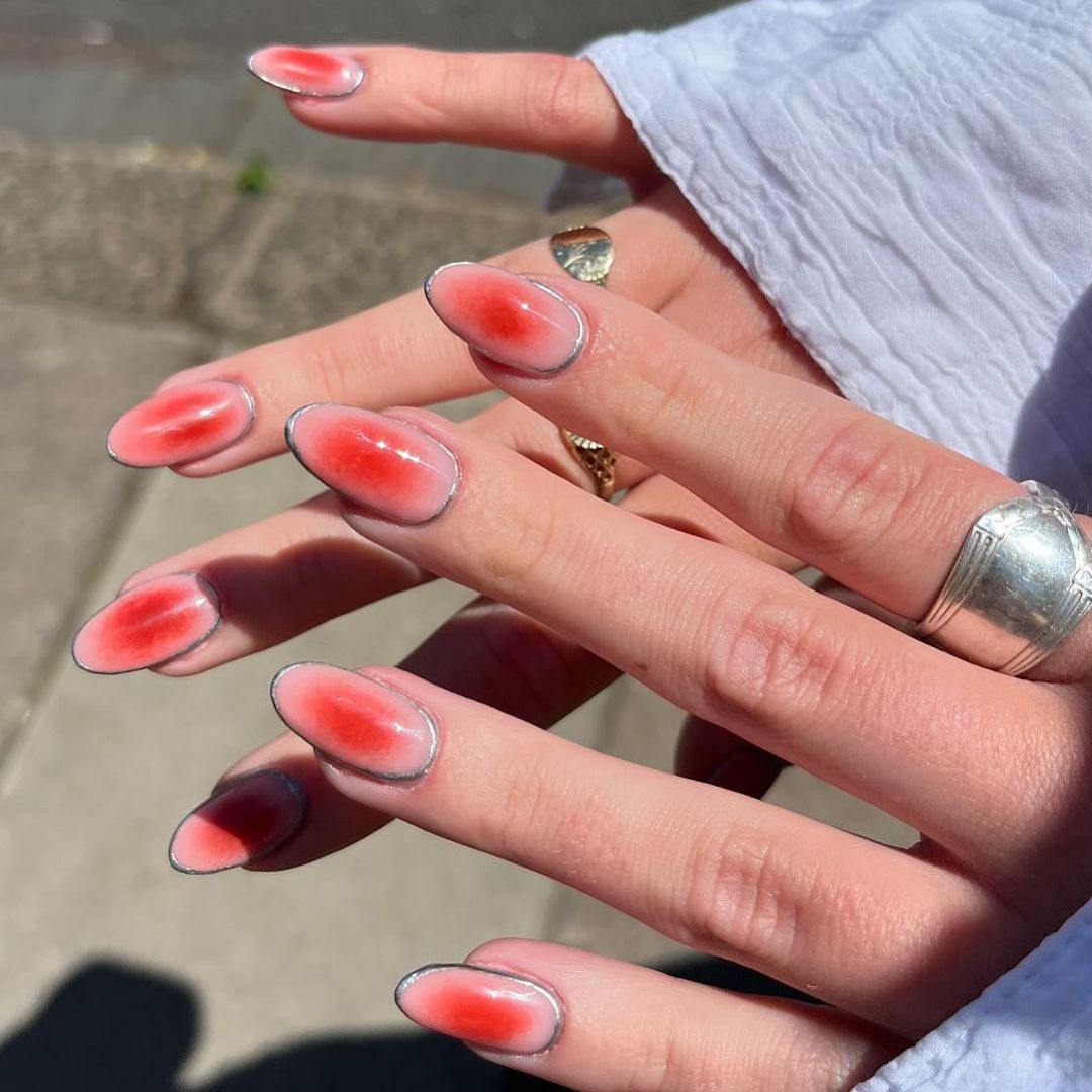 blush auras and silver chrome nails