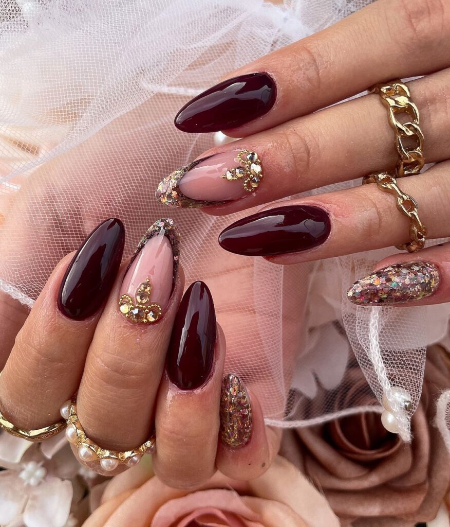 burgundy brown with gold glitter nails