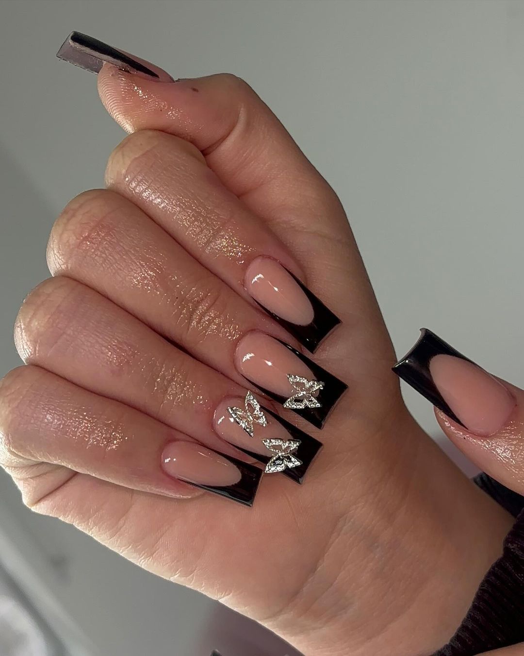 butterfly black french tip nails