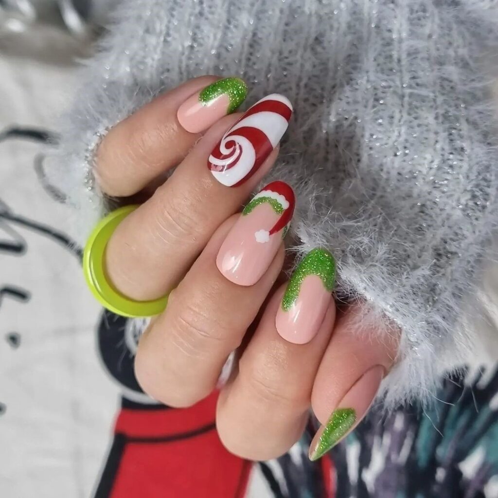 Unhas Candy Cane e French Tip