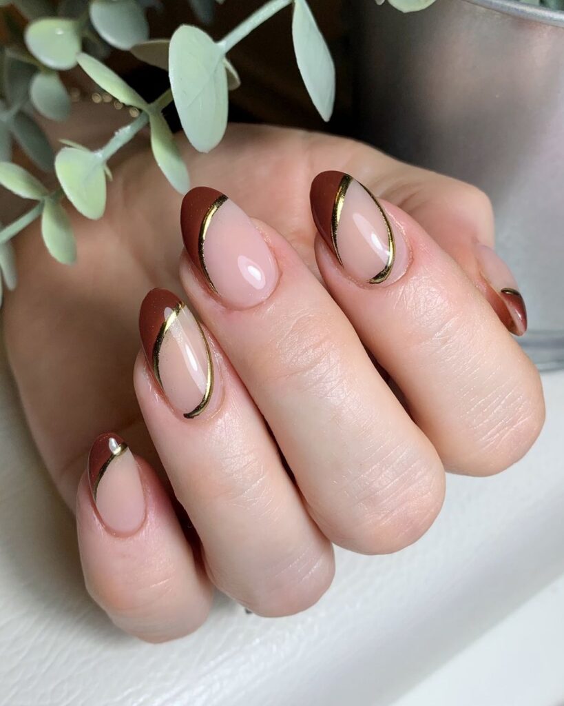 chestnut brown and golden french mani