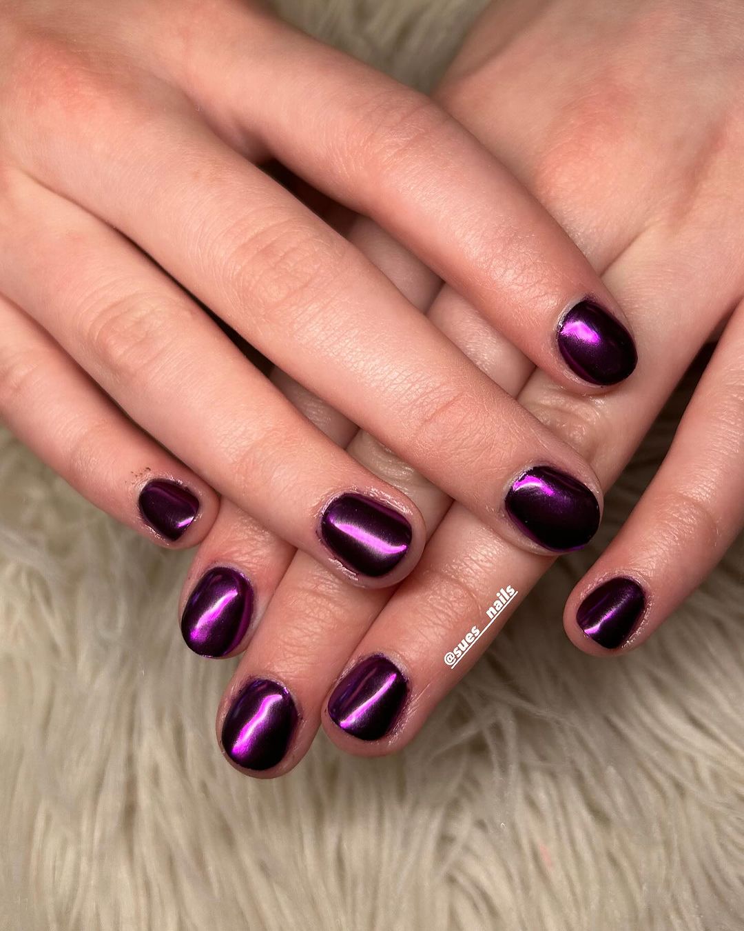 cute 'n short purple chrome nails