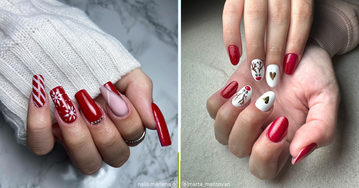 Uñas navideñas rojas y blancas para celebrar la Navidad