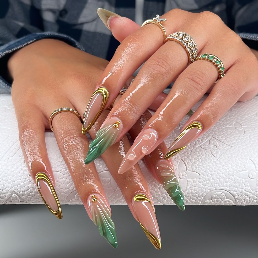 emerald gold long almond nails