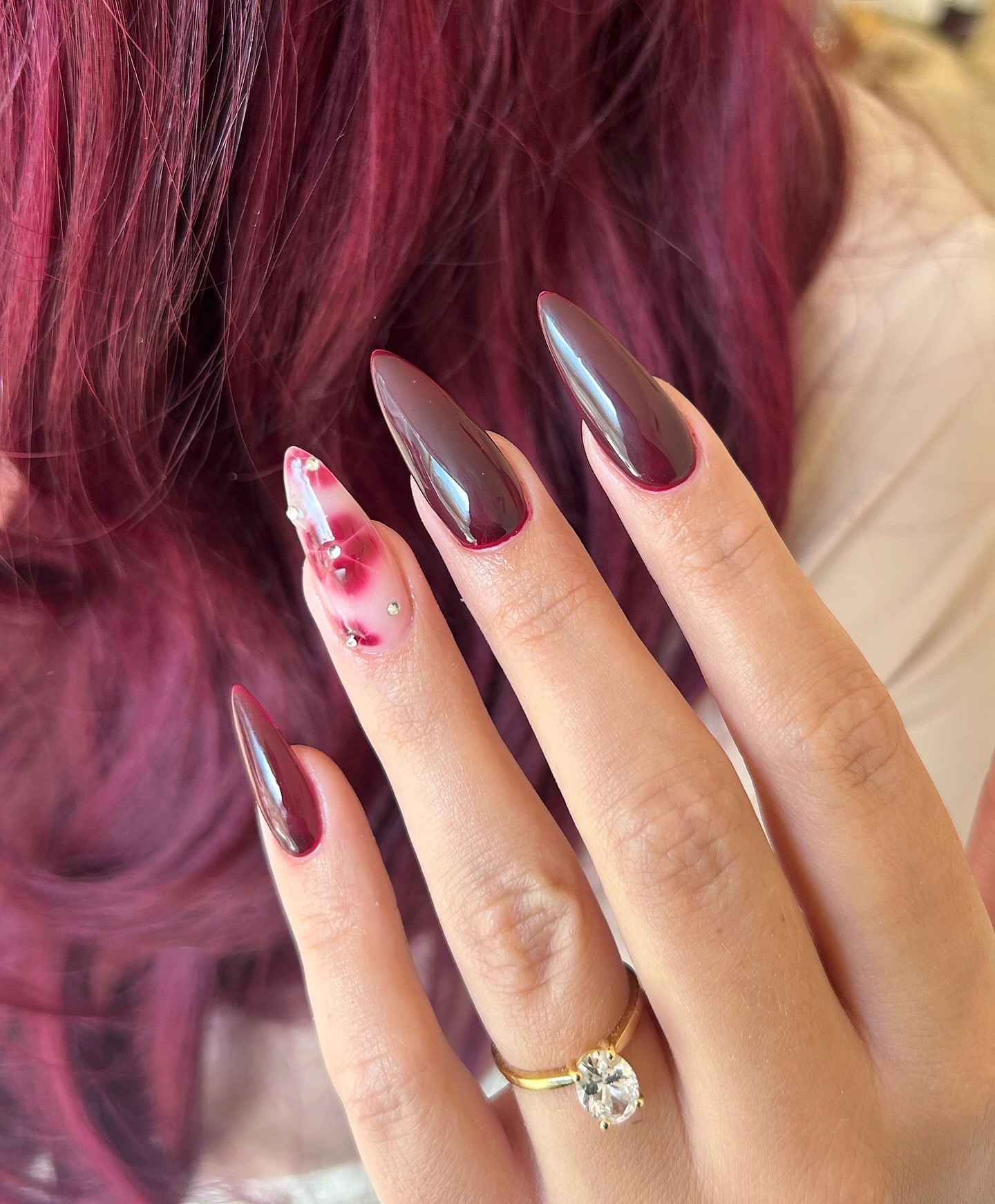 fall-inspired maroon chrome nails