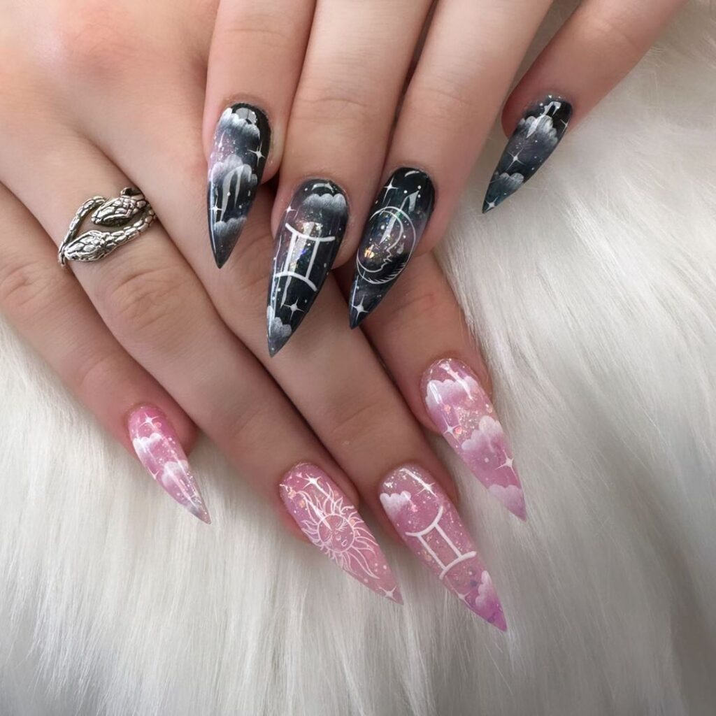 Gemini Dark and Light Stiletto Nail