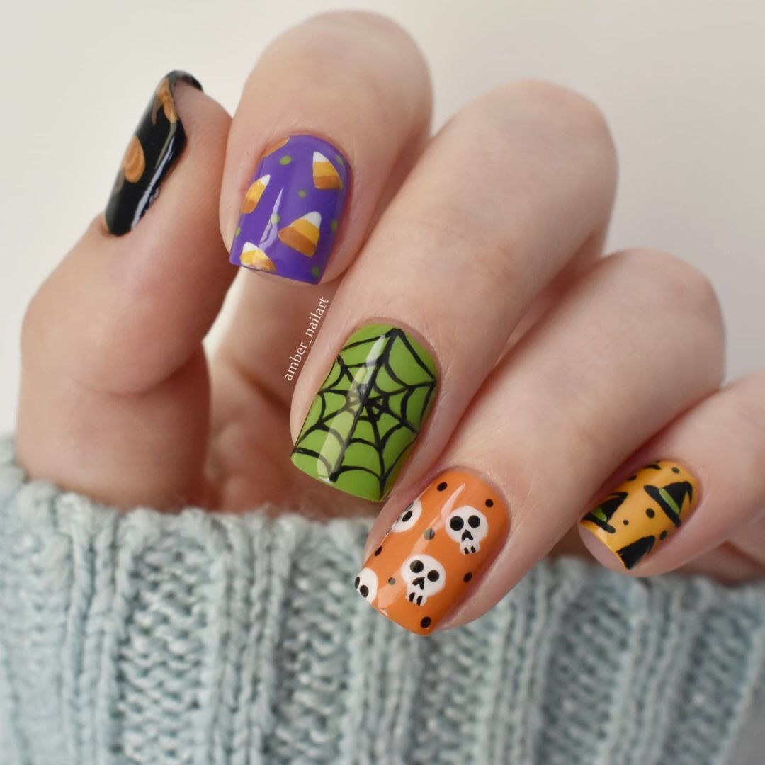 mashup de halloween para uñas cortas cuadradas