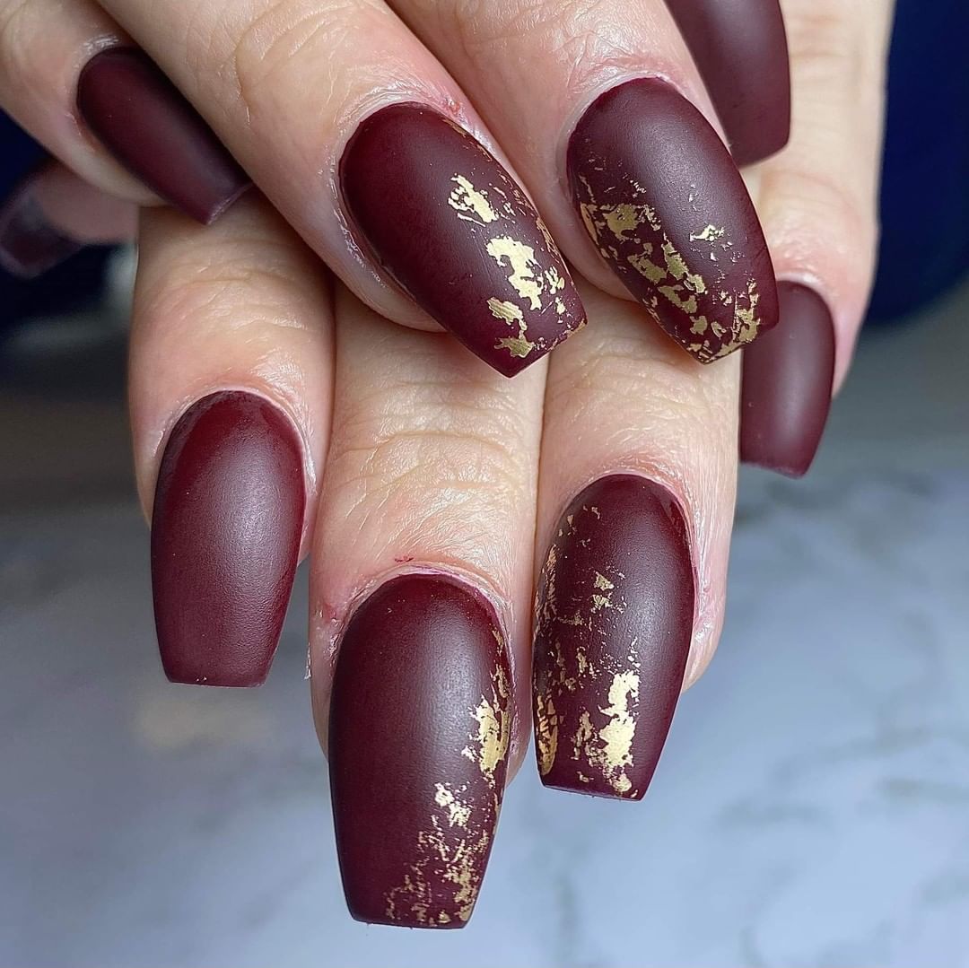 leaves of gold matte burgundy nails