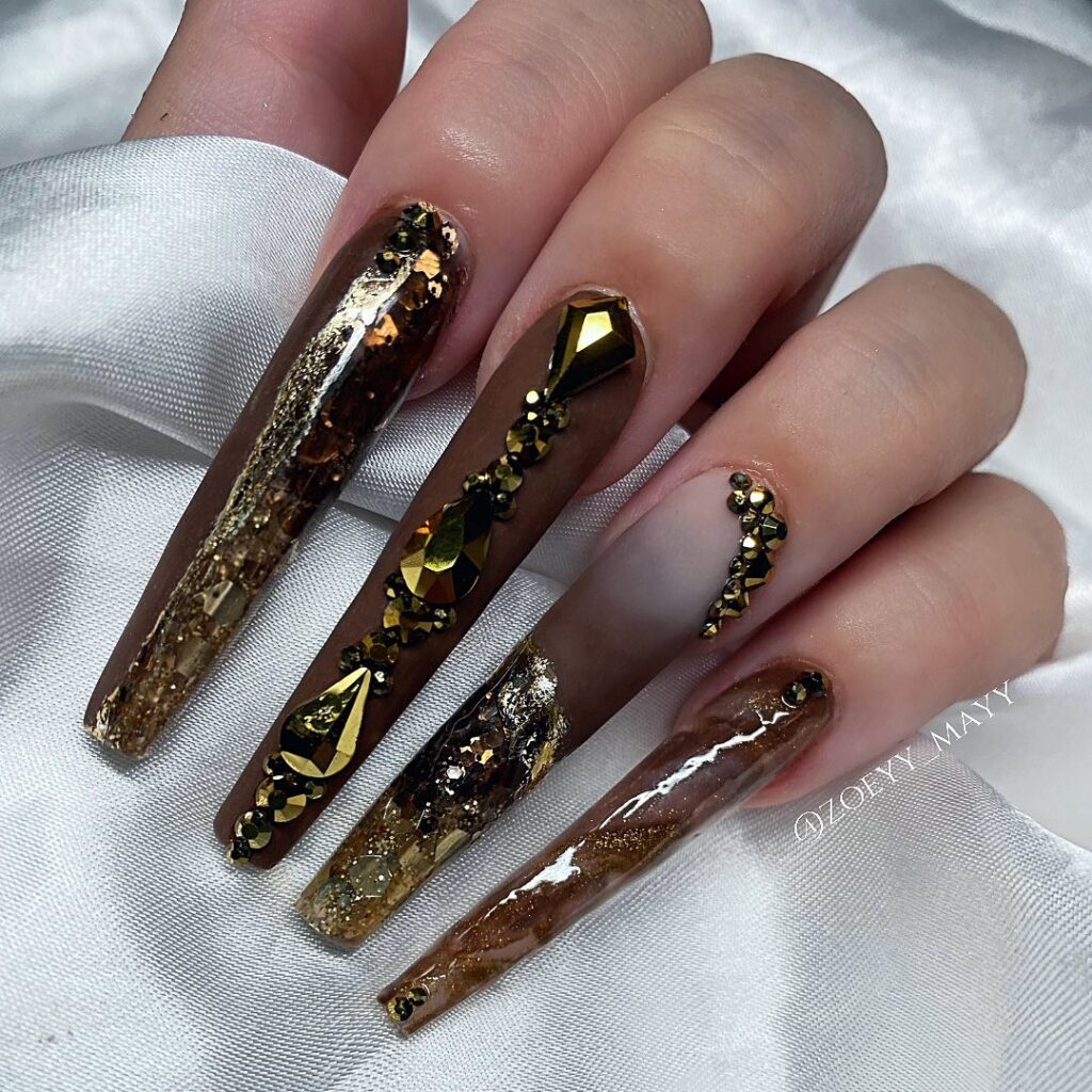 long coffin rhinestone nails