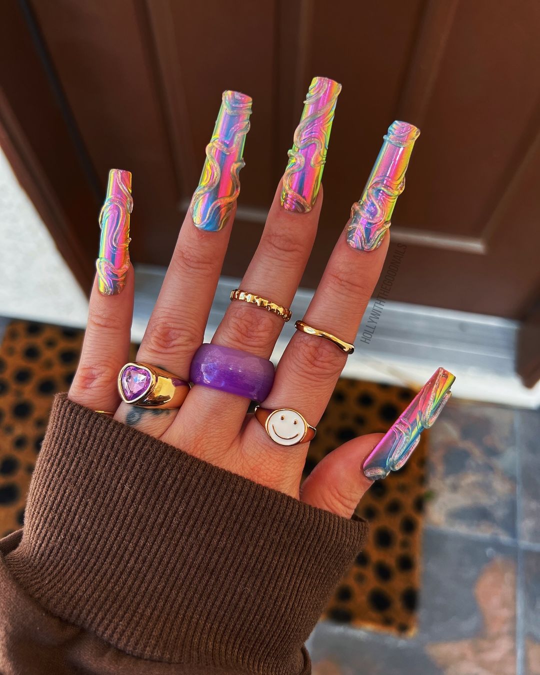 long rainbow chrome nails