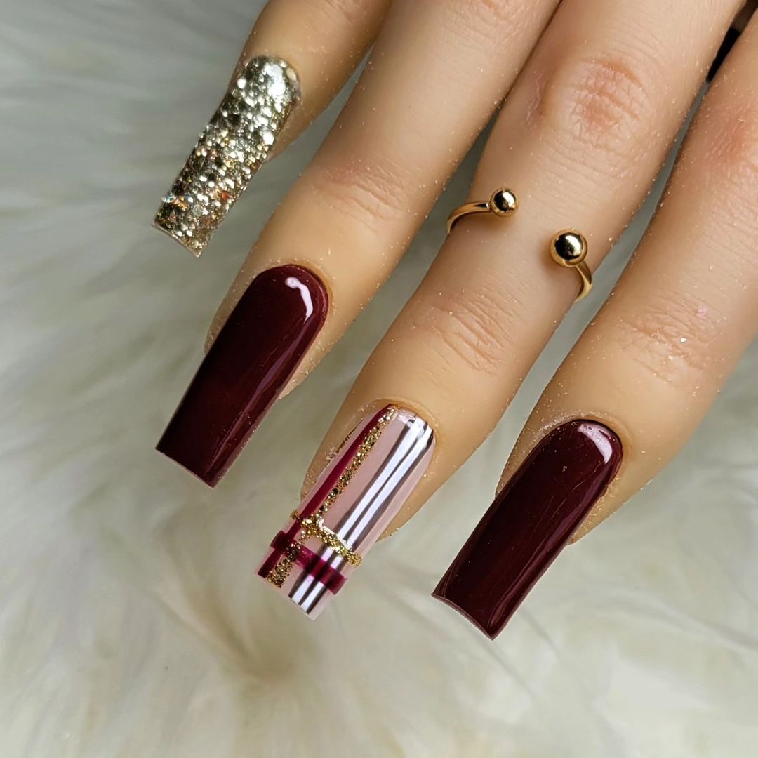 maroon plaid fall acrylic nails