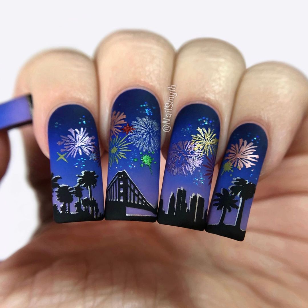 diseño de uñas fuegos artificiales de año nuevo