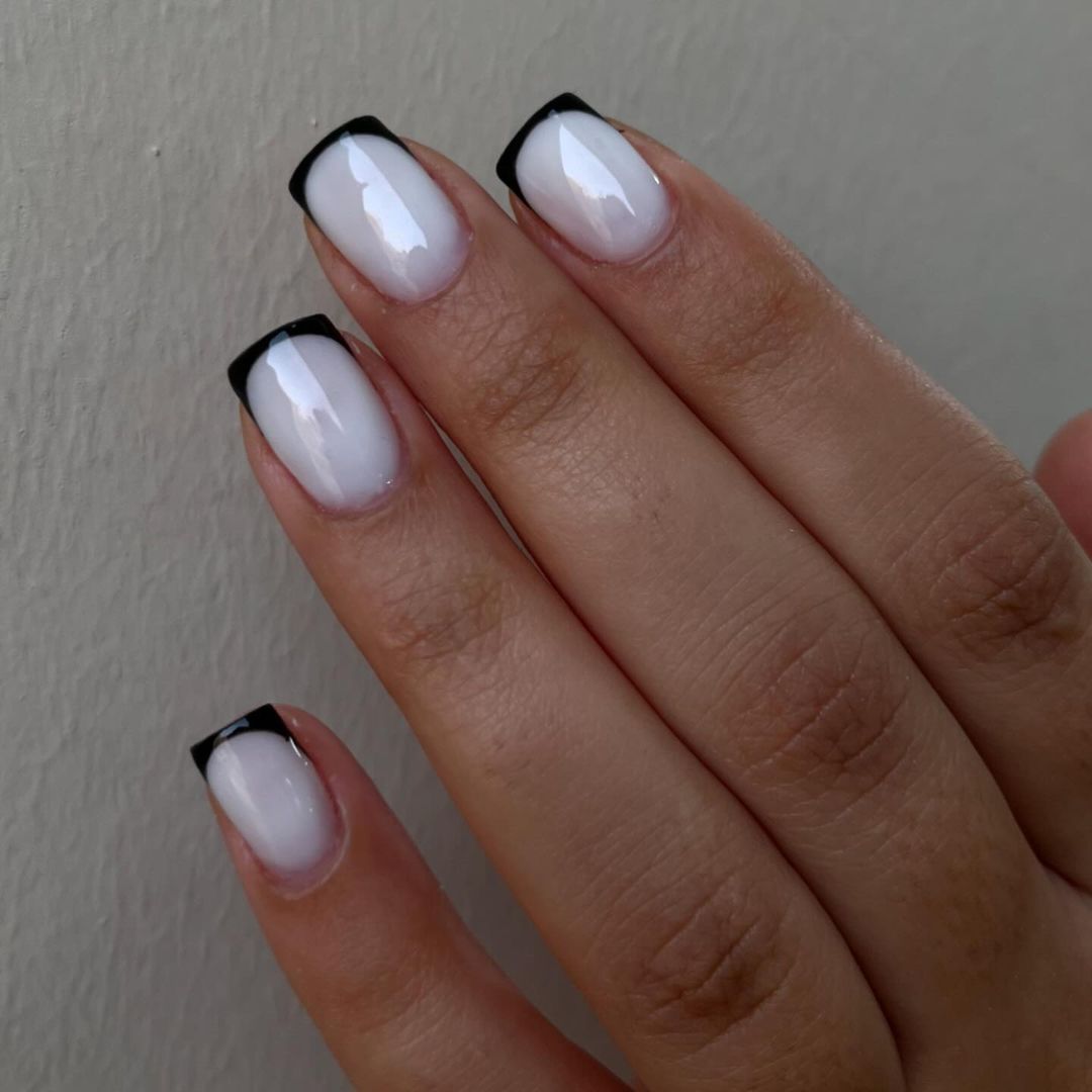 pearly white black french tip nails